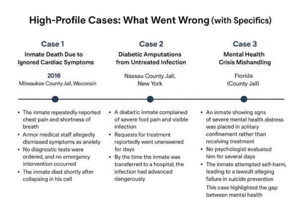Horizontal infographic showing three high-profile Armor Correctional Health Services lawsuit cases, including inmate death, diabetic amputations, and mental-health neglect, with a clear timeline and bullet-point summaries.