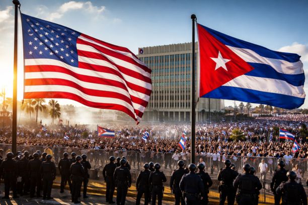 U.S. and Cuban flags displayed outside the U.S. Embassy in Havana during a large public protest, symbolizing rising tensions and strained diplomatic relations between the United States and Cuba.