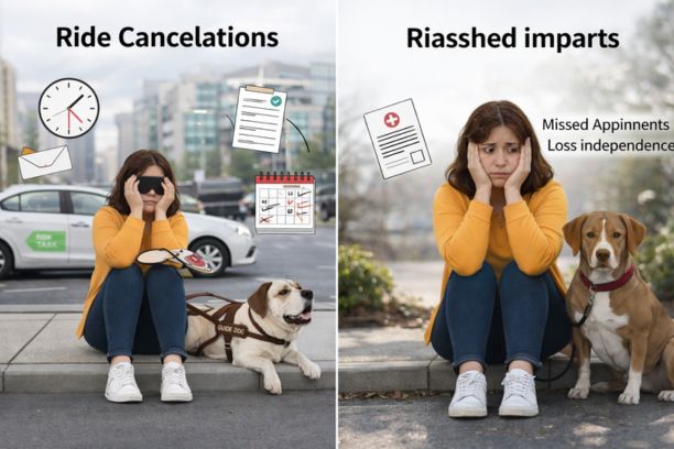 An infographic titled "Ride Cancelations" and "Impacts" showing a distressed blind woman sitting on a curb with her guide dog. Icons of a clock, calendar, and medical documents represent the consequences of denied rides, such as missed appointments and a loss of independence.