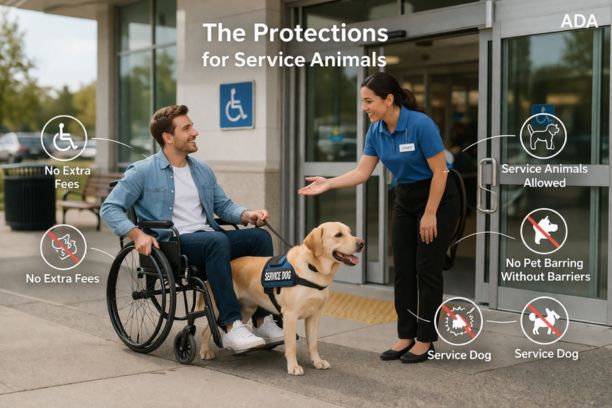 Infographic titled "The Protections for Service Animals" showing a man in a wheelchair with a yellow Labrador service dog being welcomed into a building by a staff member. Text overlays highlight ADA rights, including "No Extra Fees" and "Service Animals Allowed."